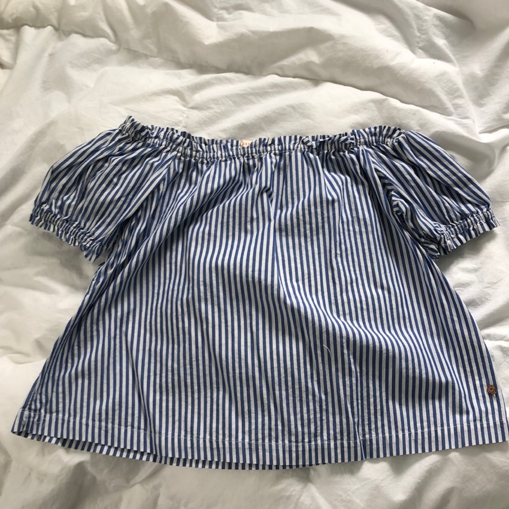 Blue and white striped off the shoulder top